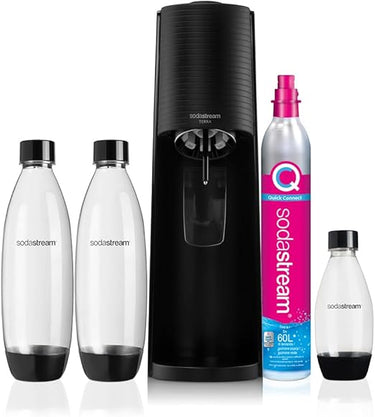 Sodastream Terra, Black - Gasador de agua con gas para transformar el agua del grifo, 1 litro, acrílico, funcionamiento automático, incluye 2 botellas de 1 L y 1 botella de 0,5 L
